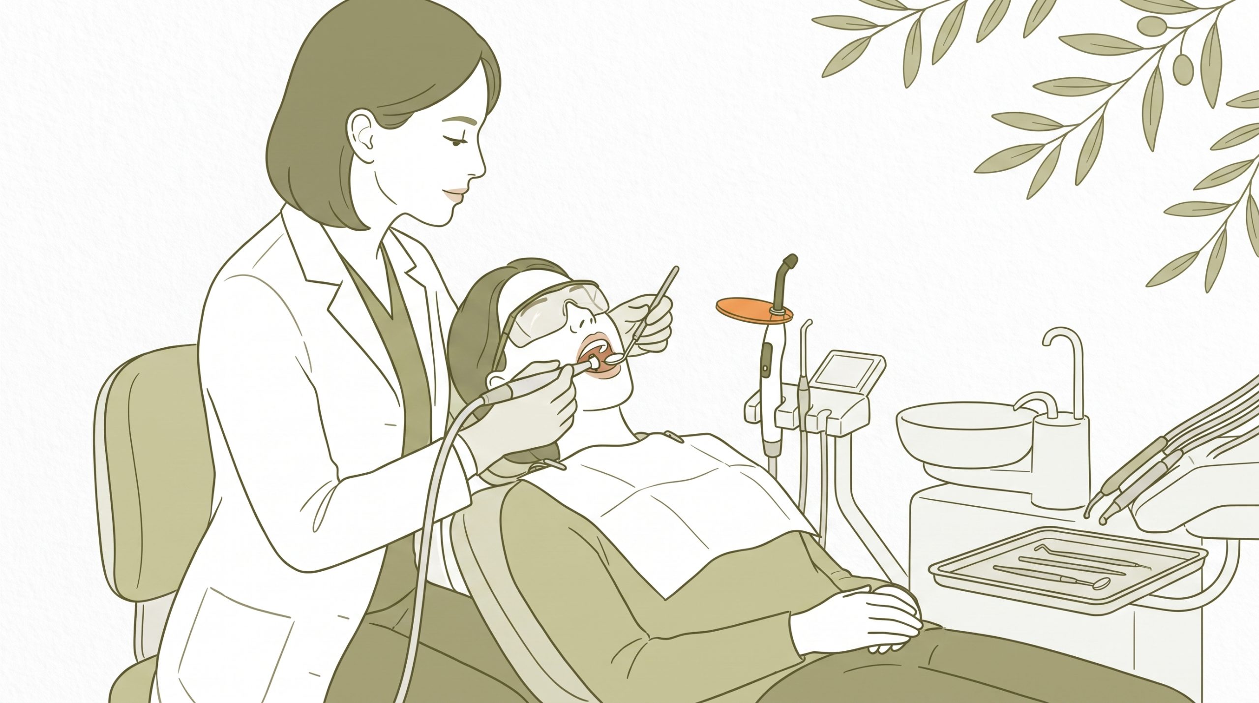 A calm adult patient and dentist discuss cosmetic dentistry options with veneer, crown and aligner samples on the table.