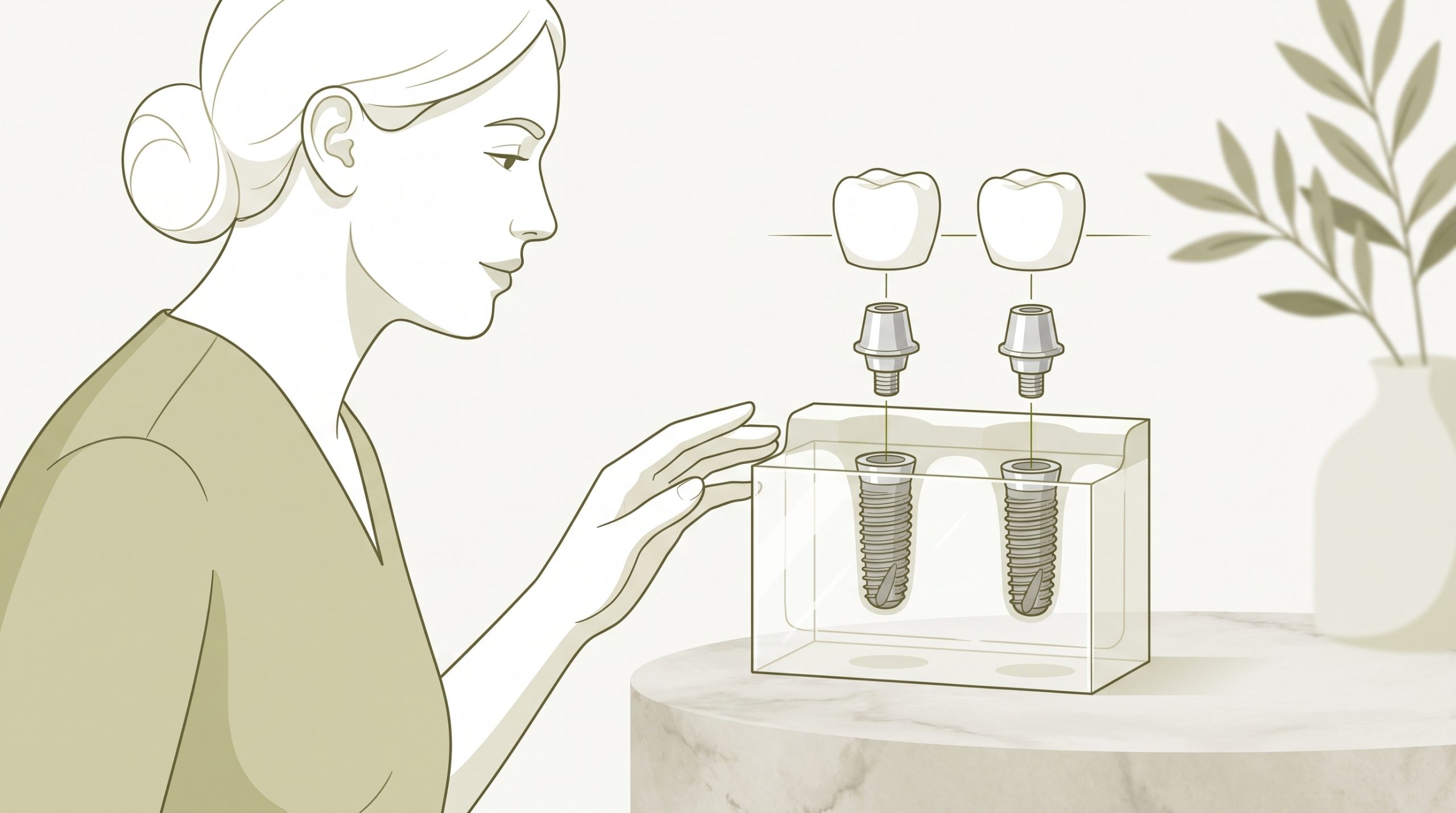 A calm consultation shows a dentist and patient discussing cosmetic dentistry beside a simplified dental arch and veneer shells.