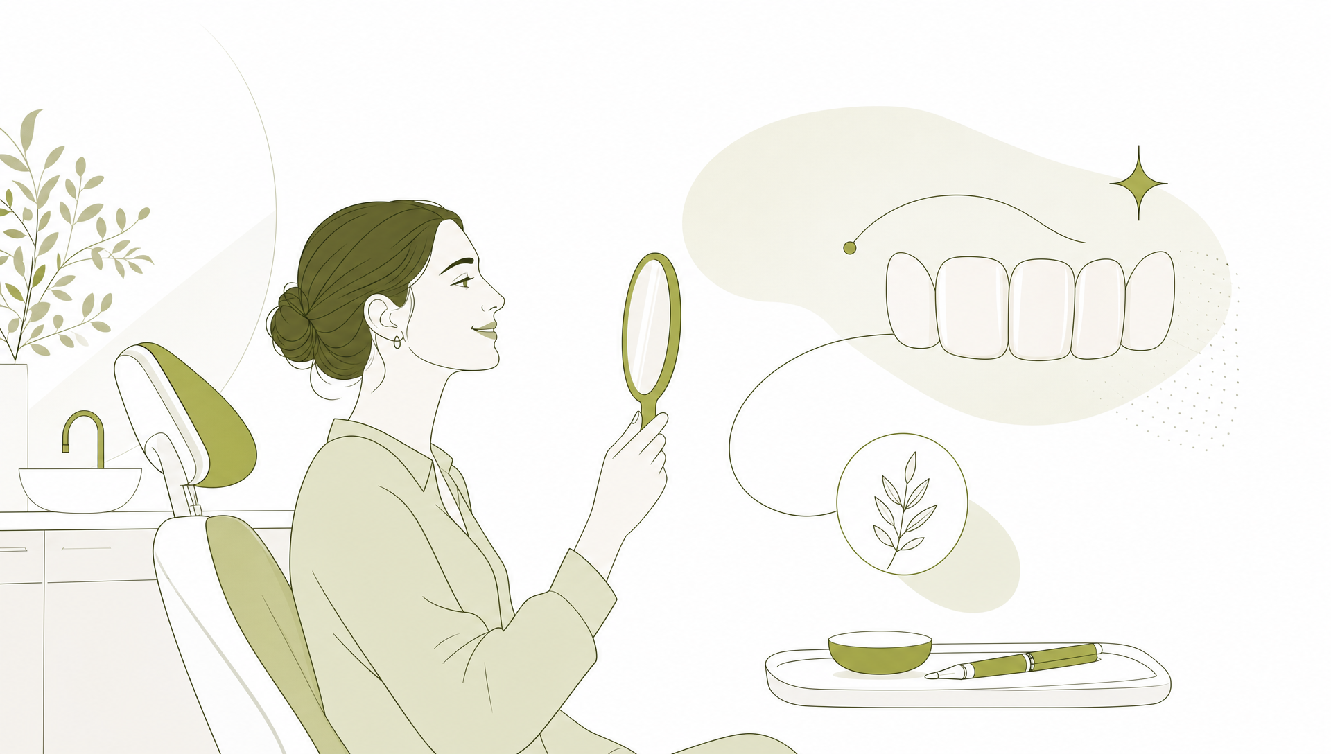 A calm dental consultation shows a simplified dental arch, a shade selector and a porcelain tooth form for whitening planning.
