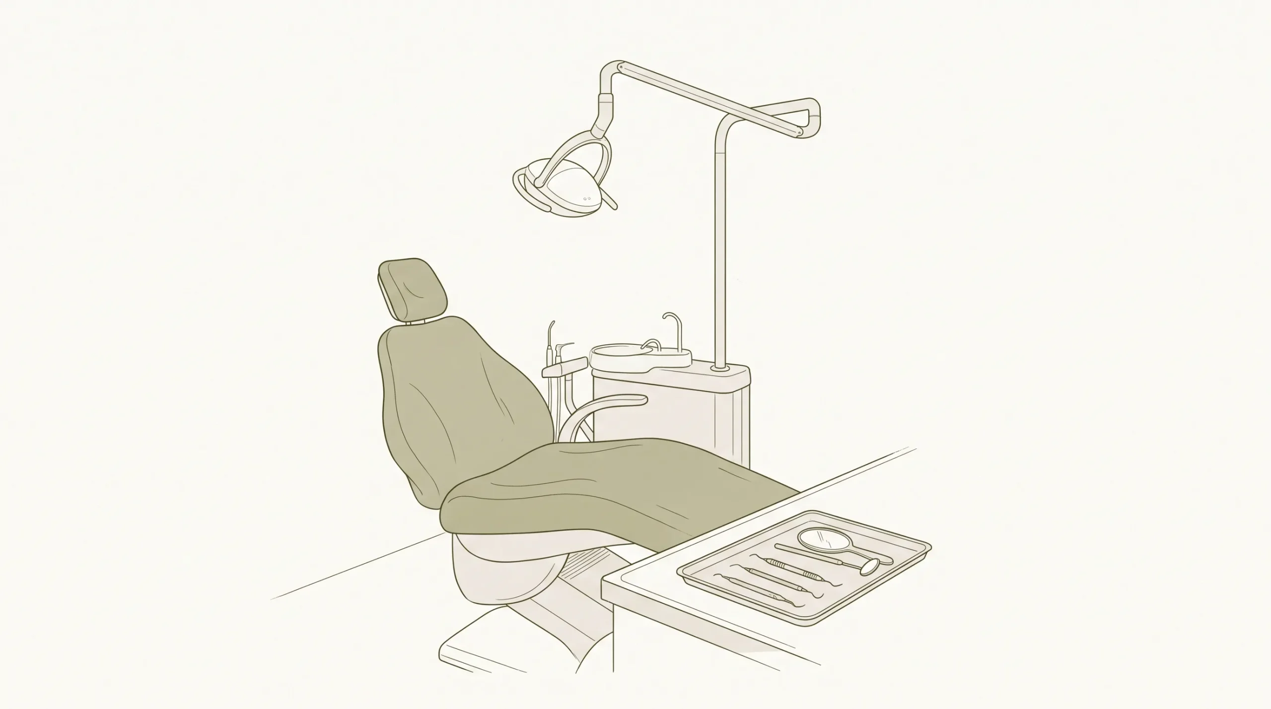 A calm dental treatment room with an empty chair, overhead light and neatly arranged cleaning instruments for a dental clean appointment.