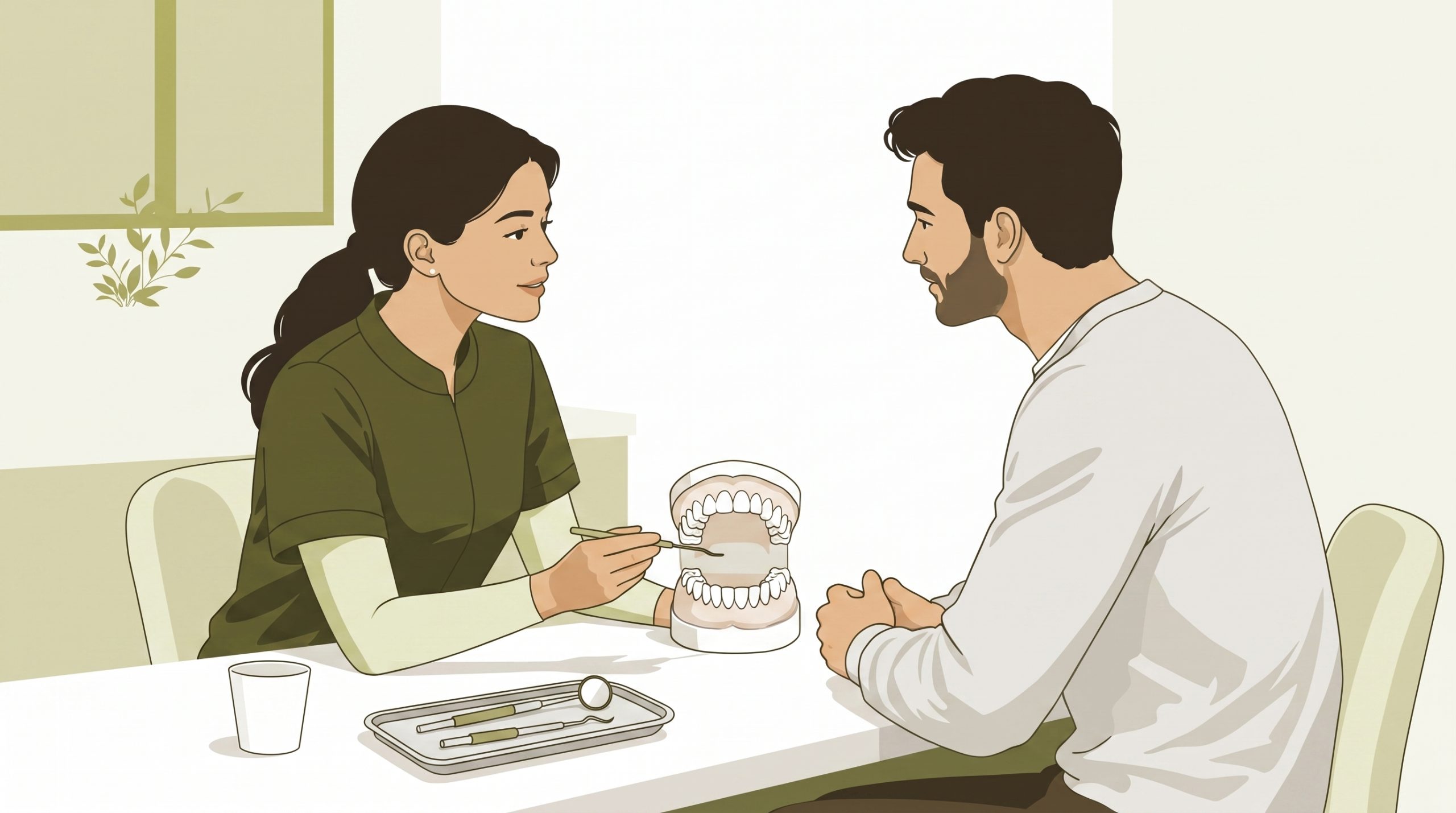 A calm dentist and adult patient discuss a check-up and clean estimate beside a dental arch, mirror and scaler.