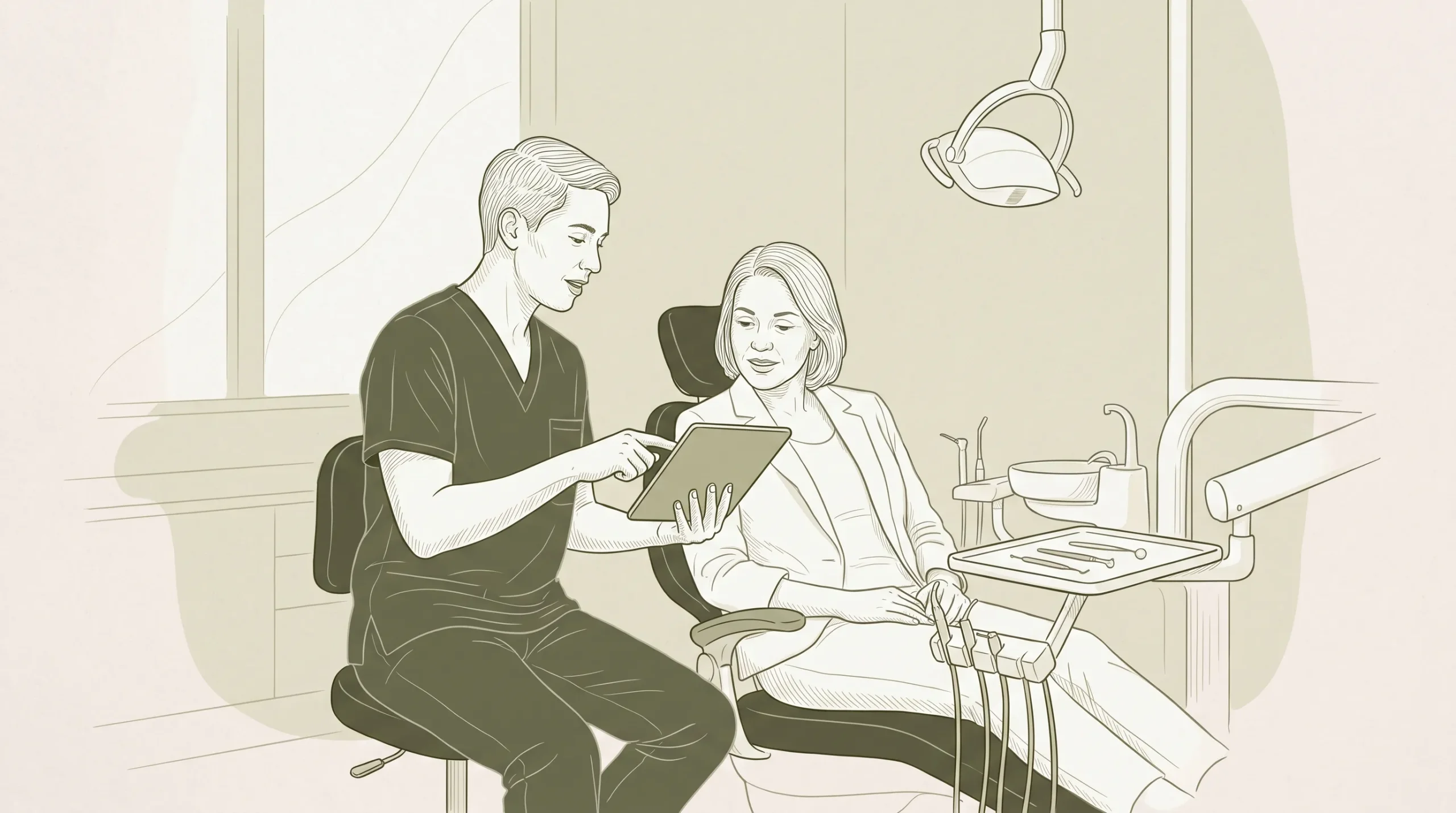 A clinician in proper scrubs explains dental services to an adult patient beside a chair and a small tray in a calm clinic room.