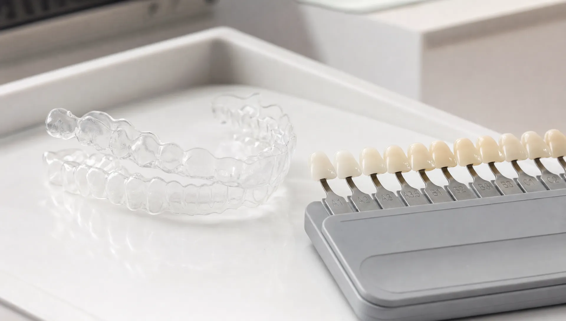 A close-up of clear aligners beside dental shade tabs on a clean treatment tray, representing cosmetic dental treatment planning.