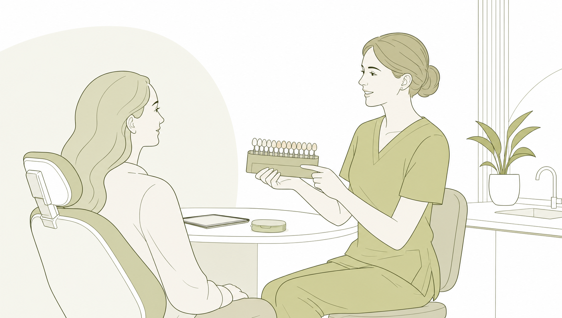 A dentist and patient discuss cosmetic dental options beside veneer shells, a clear aligner and a tooth-coloured restoration.