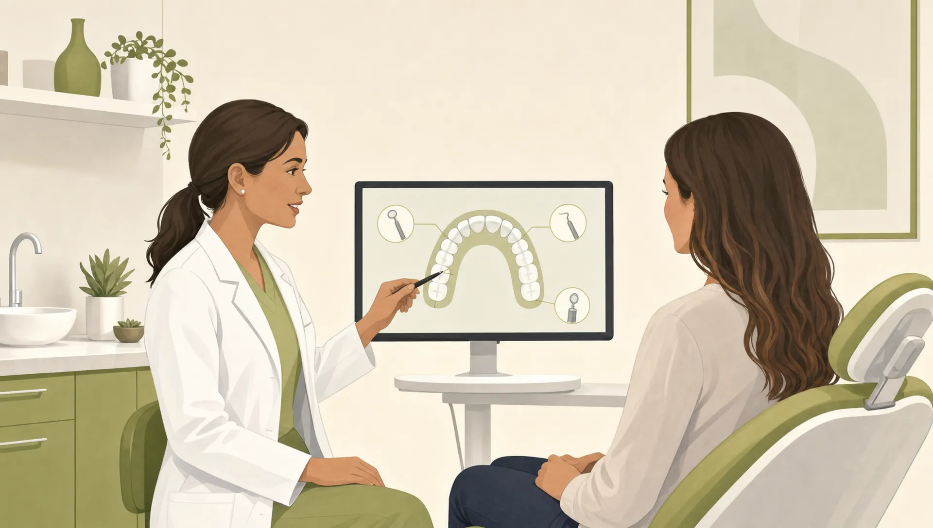 A dentist and patient review what is included in a teeth cleaning appointment beside a simple dental arch.