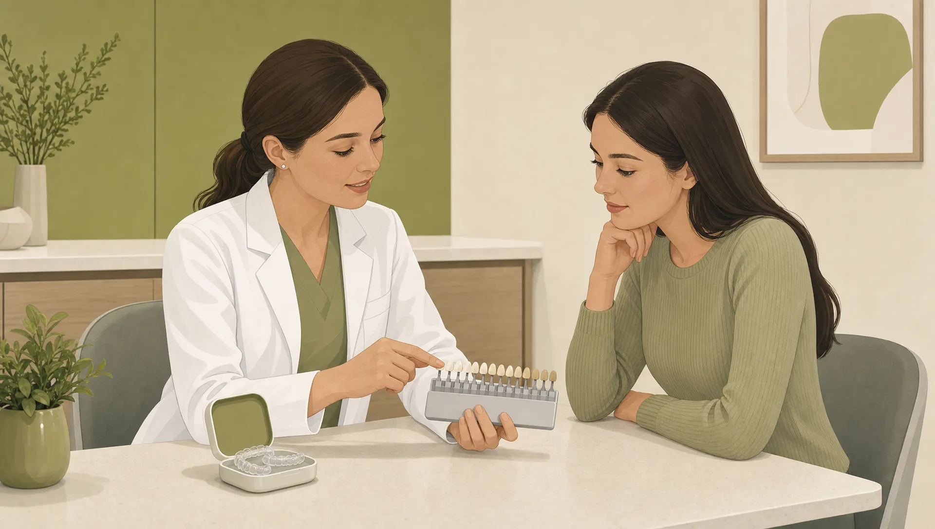 A dentist and patient review whitening options beside a shade guide and tray at a clinic table.