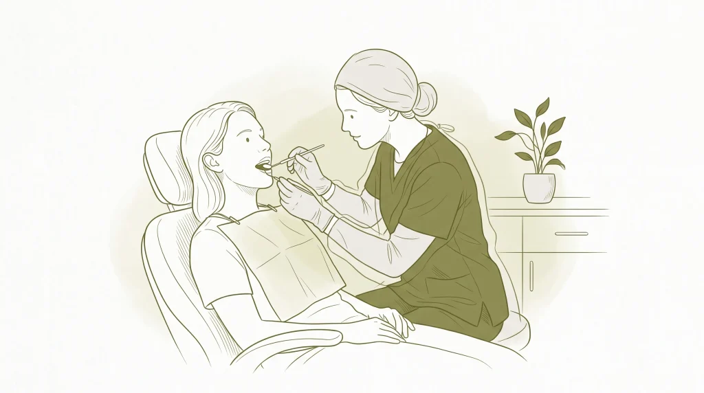 A dentist examines a patient’s mouth during a routine dental clean and check-up.