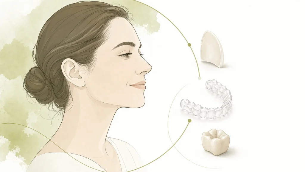 A facial profile is shown with veneer, aligner and crown options for cosmetic treatment planning.