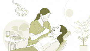 A patient and dental team member discuss a cleaning visit at the reception counter.