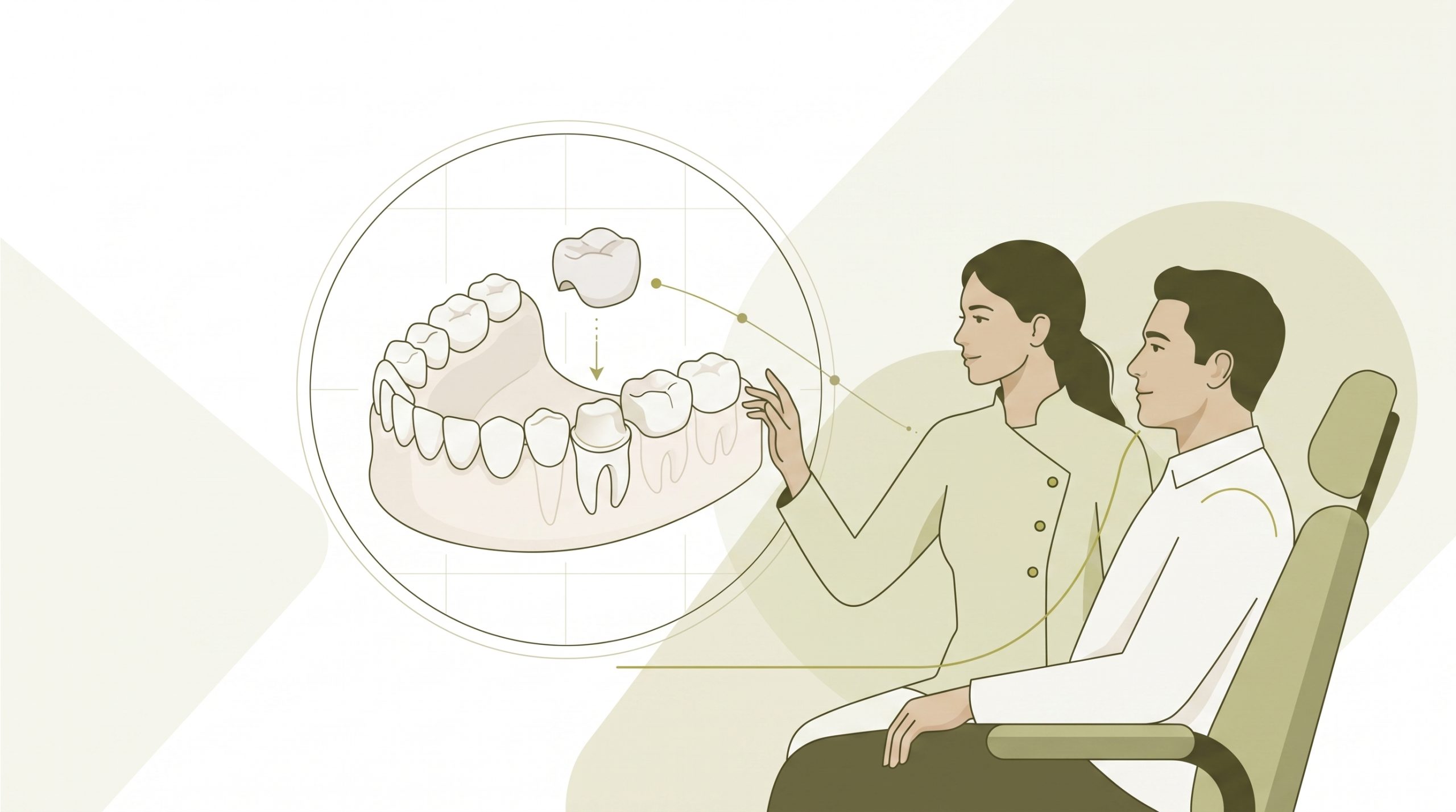 A premium editorial vector illustration showing a simplified dental arch with a natural porcelain tooth restoration, subtle treatment planning lines and a calm consultation silhouette, with generous white space and no text or logos.