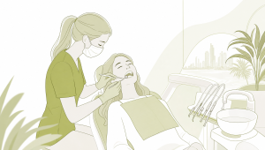 A reception counter scene suggests a dental clean, exam and treatment quote at one visit.