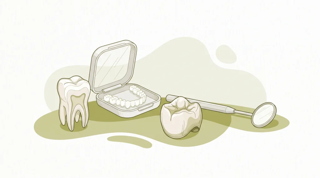 A tooth model, clear aligner case, crown form and dental mirror are arranged to suggest the main dental services offered at a clinic.