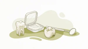 A tooth model, clear aligner case, crown form and dental mirror are arranged to suggest the main dental services offered at a clinic.