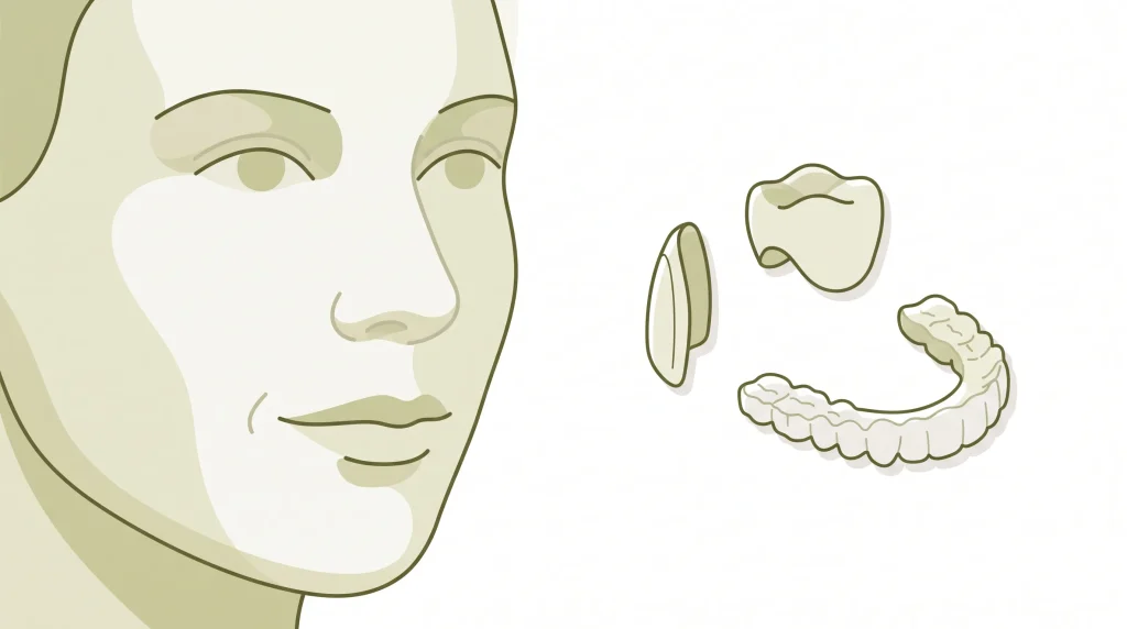 An adult profile sits beside veneer, crown and aligner forms in a cosmetic dentistry planning scene.