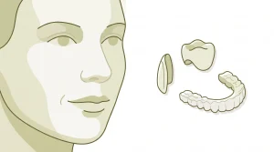 An adult profile sits beside veneer, crown and aligner forms in a cosmetic dentistry planning scene.