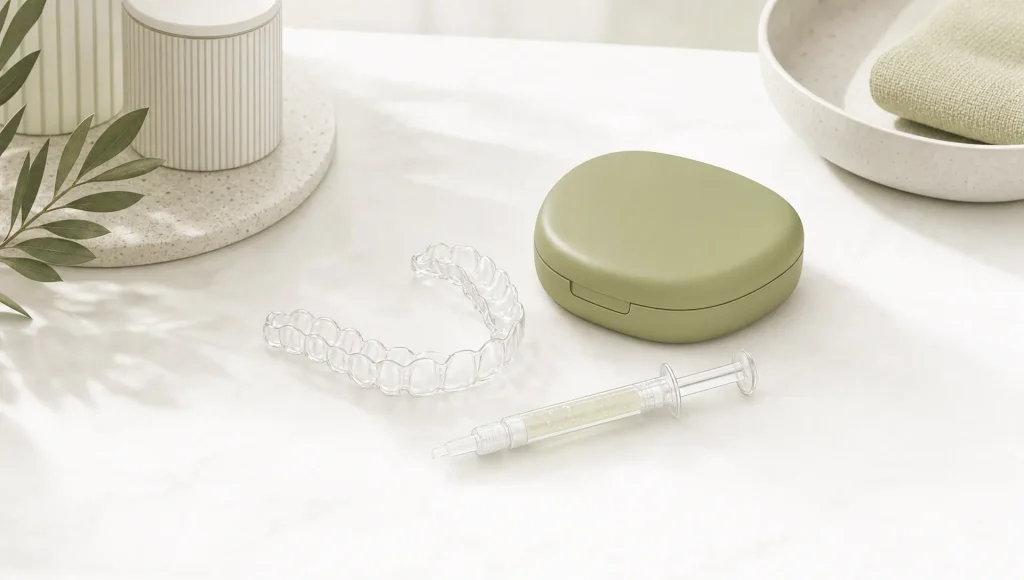 Custom whitening trays and a gel case are arranged neatly for a teeth whitening appointment.