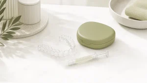 Custom whitening trays and a gel case are arranged neatly for a teeth whitening appointment.
