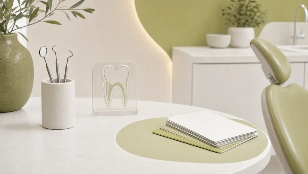 Dental tools and a tooth profile create a simple overview of a check-up and clean.
