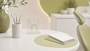 Dental tools and a tooth profile create a simple overview of a check-up and clean.