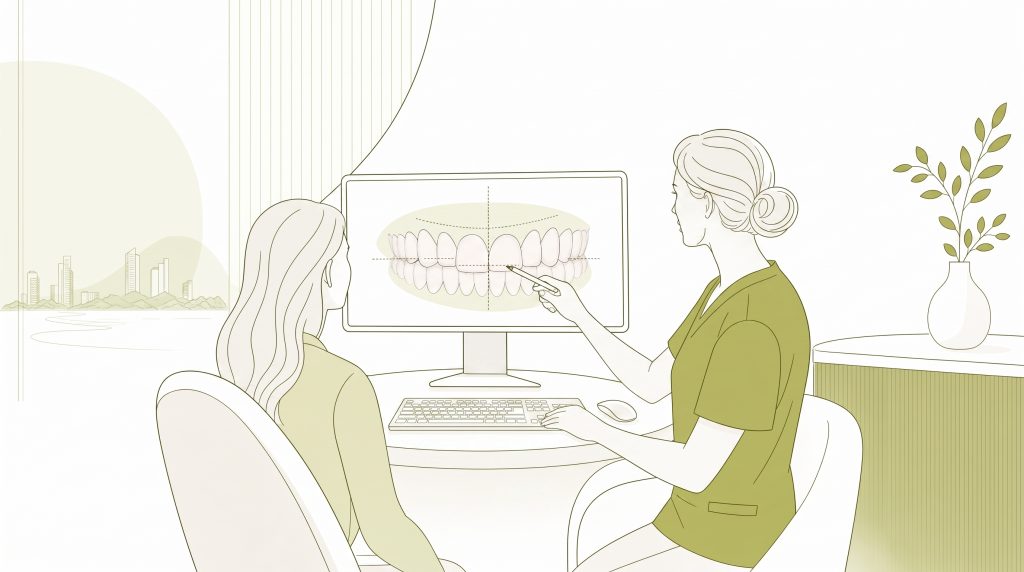 Porcelain veneers and a dental crown are arranged as cosmetic treatment options.