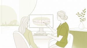 Porcelain veneers and a dental crown are arranged as cosmetic treatment options.