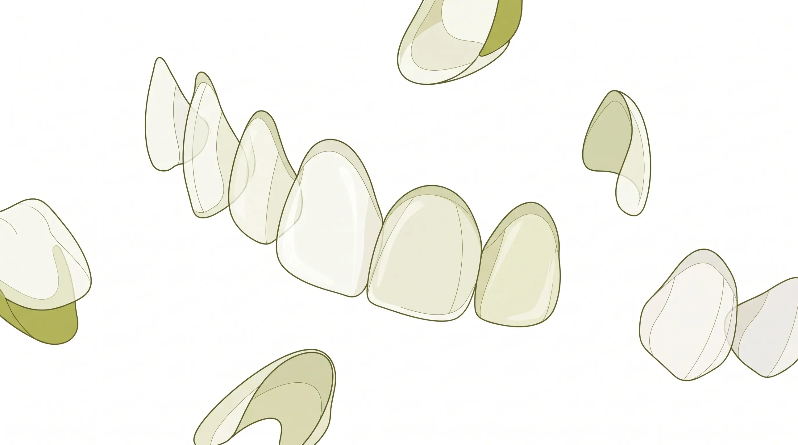 Several thin veneer shells are arranged with generous white space to suggest cosmetic dental planning.