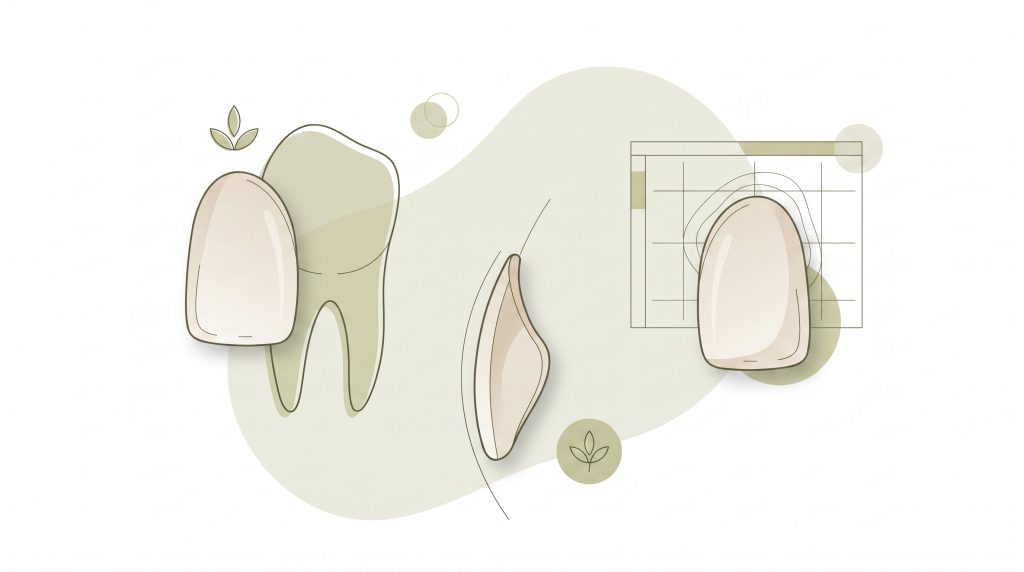 Several veneer shells are arranged beside a single tooth shape for cosmetic planning.