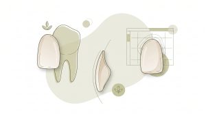 Several veneer shells are arranged beside a single tooth shape for cosmetic planning.