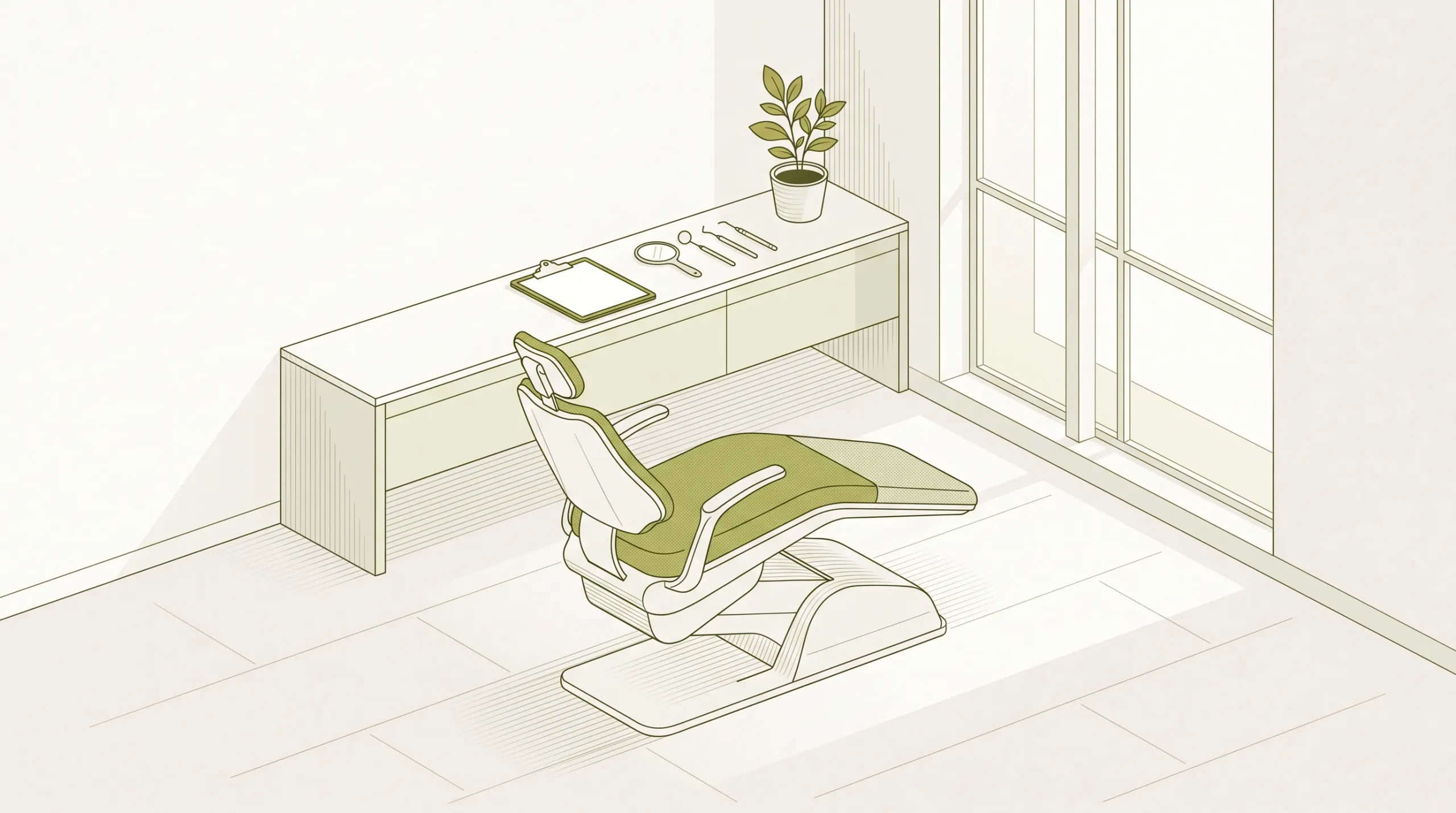 A calm consultation room with a dental chair, clean bench space and a blank clipboard prepared for routine and cosmetic care discussion.