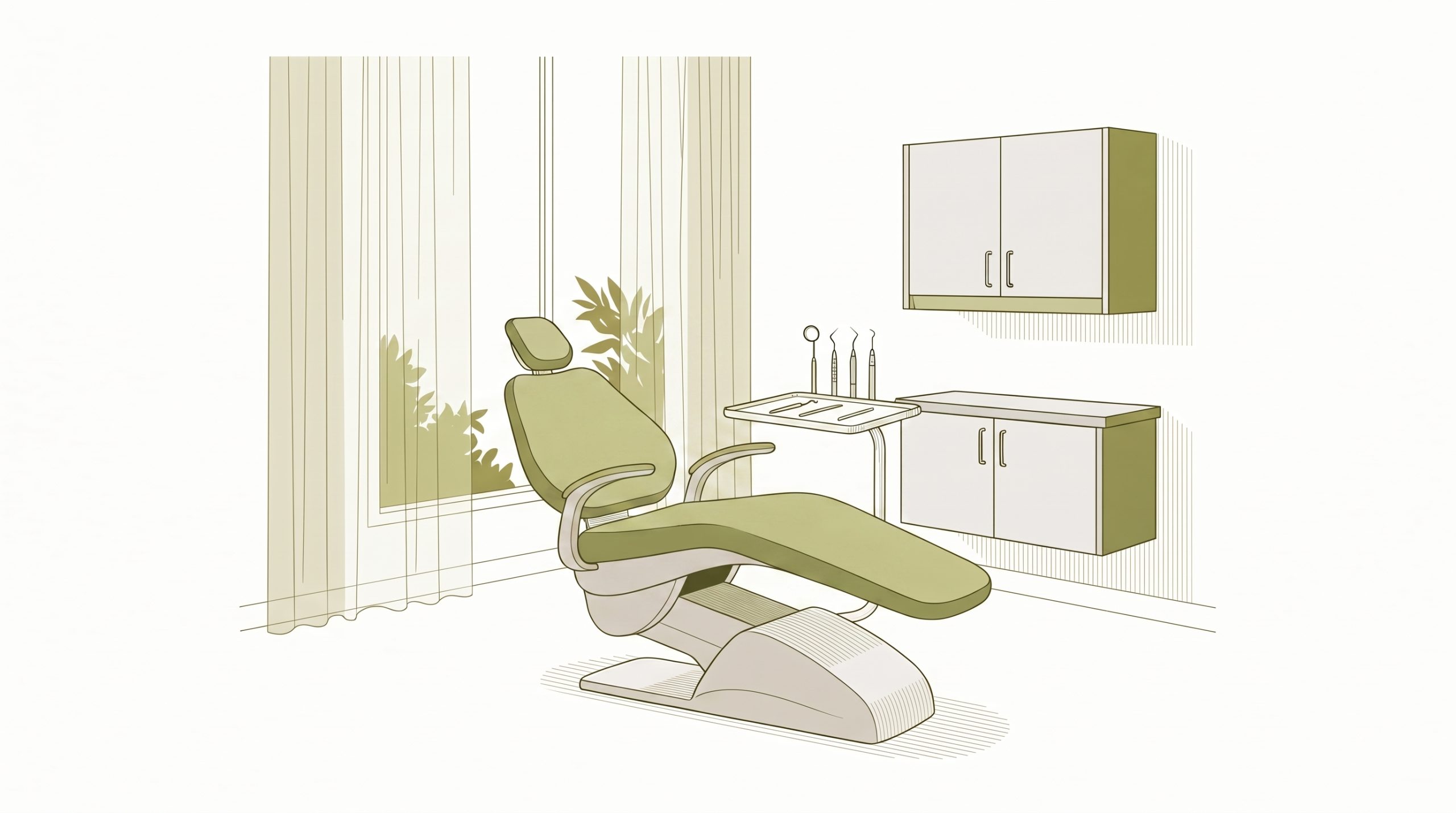 A calm dental treatment room prepared for general dental services, with a dental chair, examination mirror, clean instruments and a tidy cabinet.