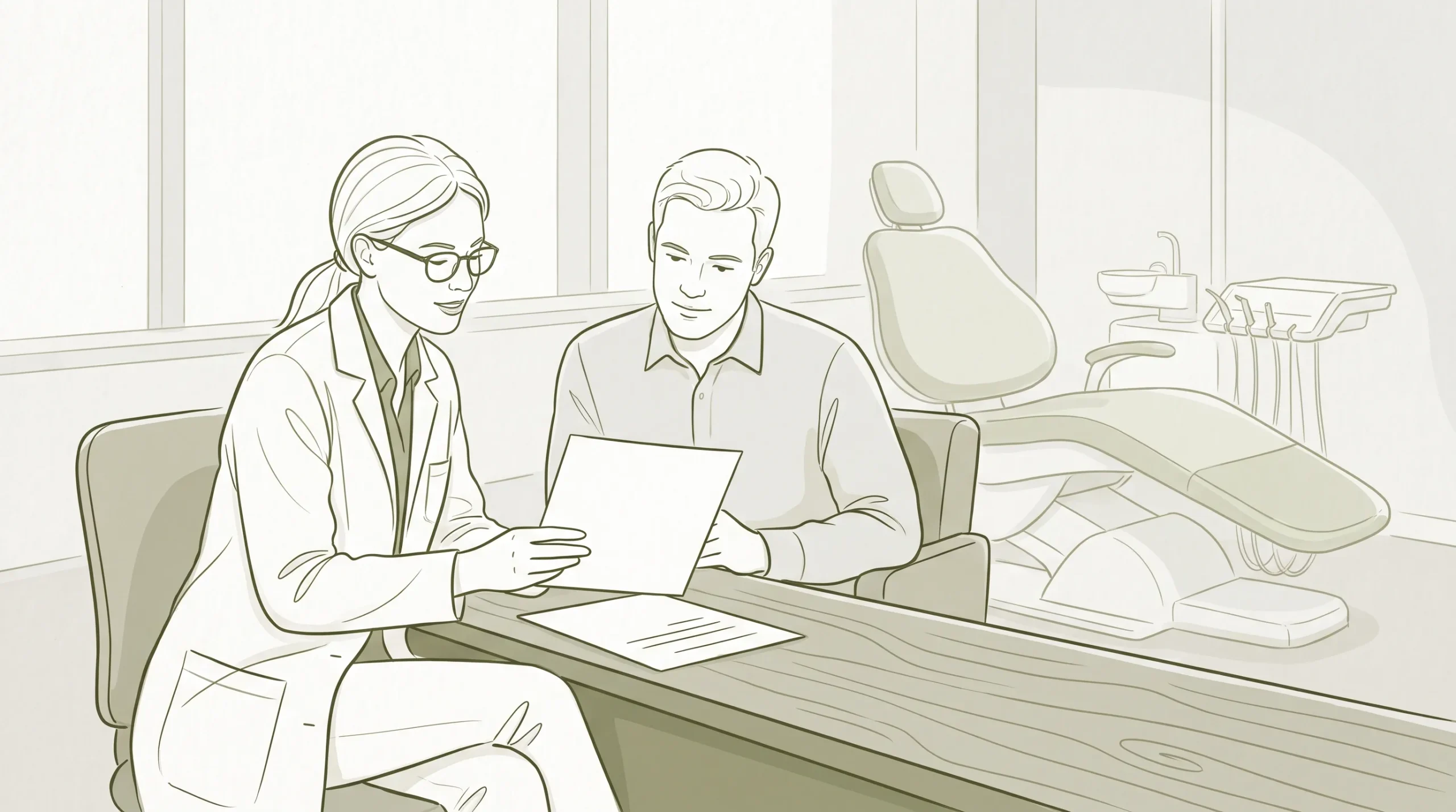 A calm private clinic consultation shows a dentist beside an adult patient, with a blank treatment plan sheet on the desk and a dental chair behind them.