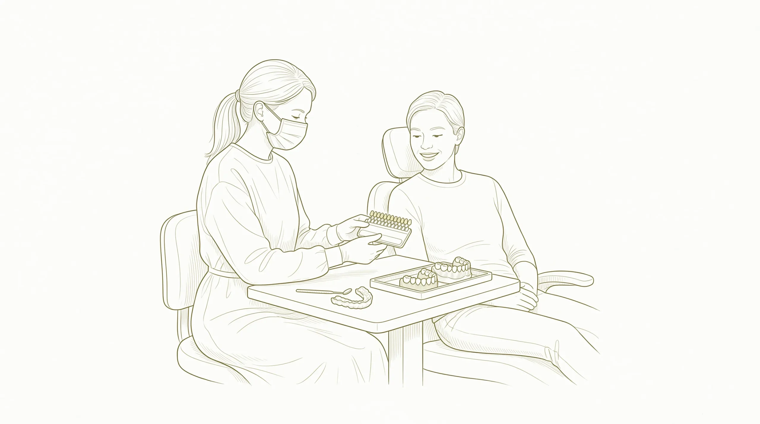 A calm Robina dental consultation with a dentist reviewing a shade guide and custom whitening tray beside healthy teeth.