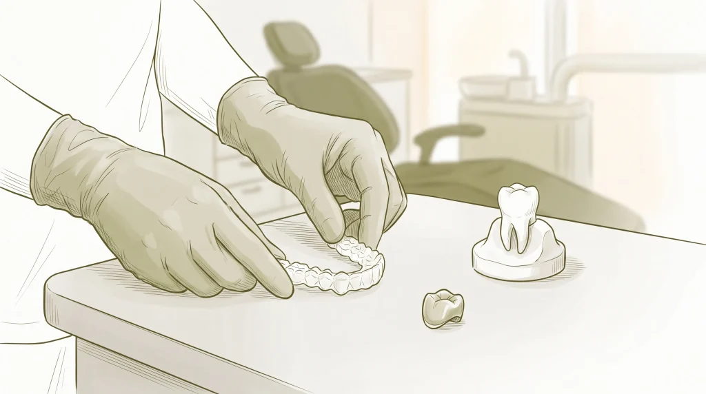A clear aligner tray, tooth model and crown sample are arranged on a clinic bench during treatment planning.
