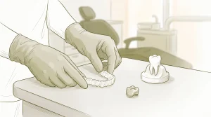 A clear aligner tray, tooth model and crown sample are arranged on a clinic bench during treatment planning.