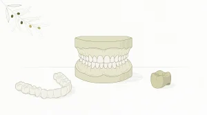 A dental arch model, clear aligner and crown form are arranged on a tidy clinic table.