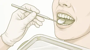 A dental mirror checks the front teeth and gums during a clinic examination.