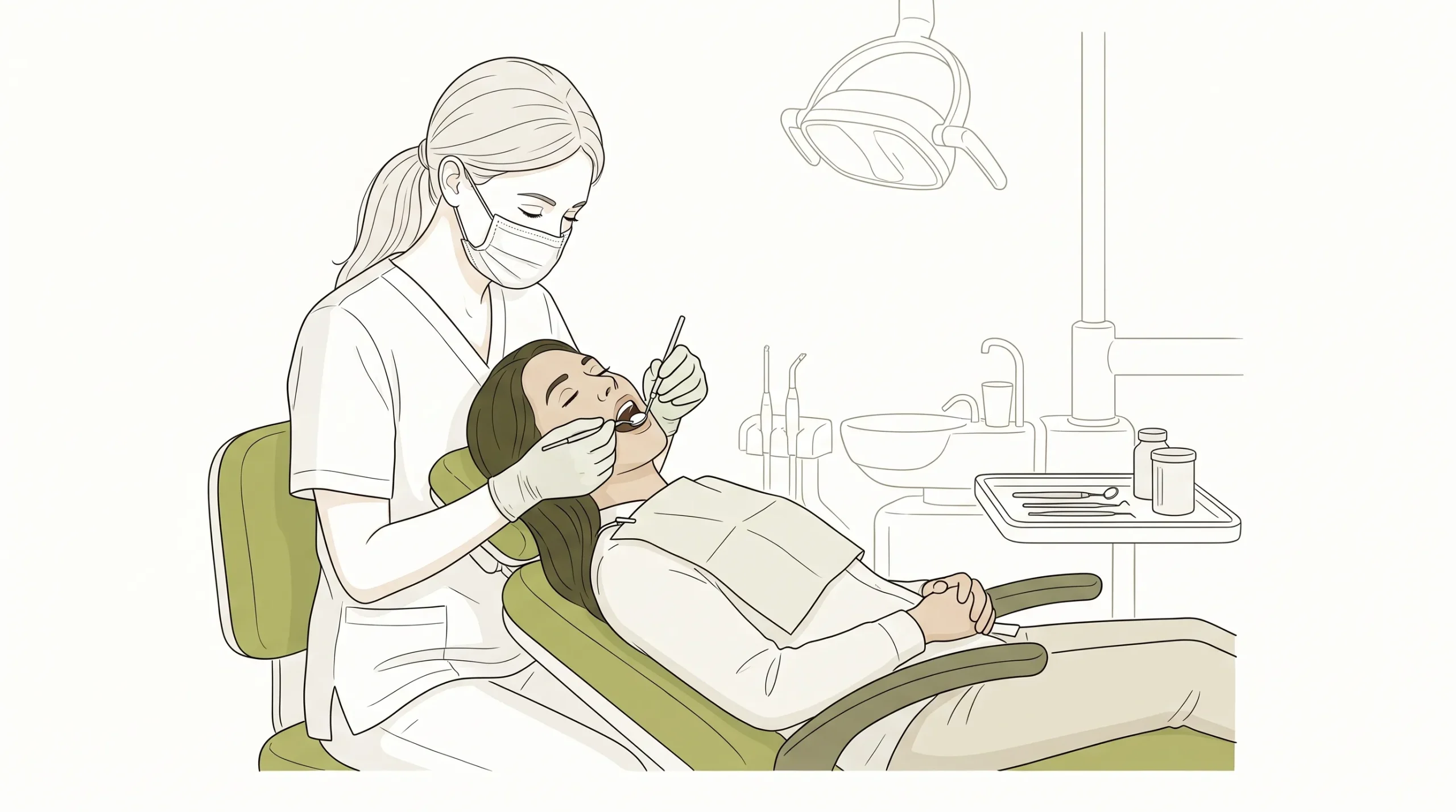 A dental professional examines a damaged molar while an adult patient reclines calmly in the chair.