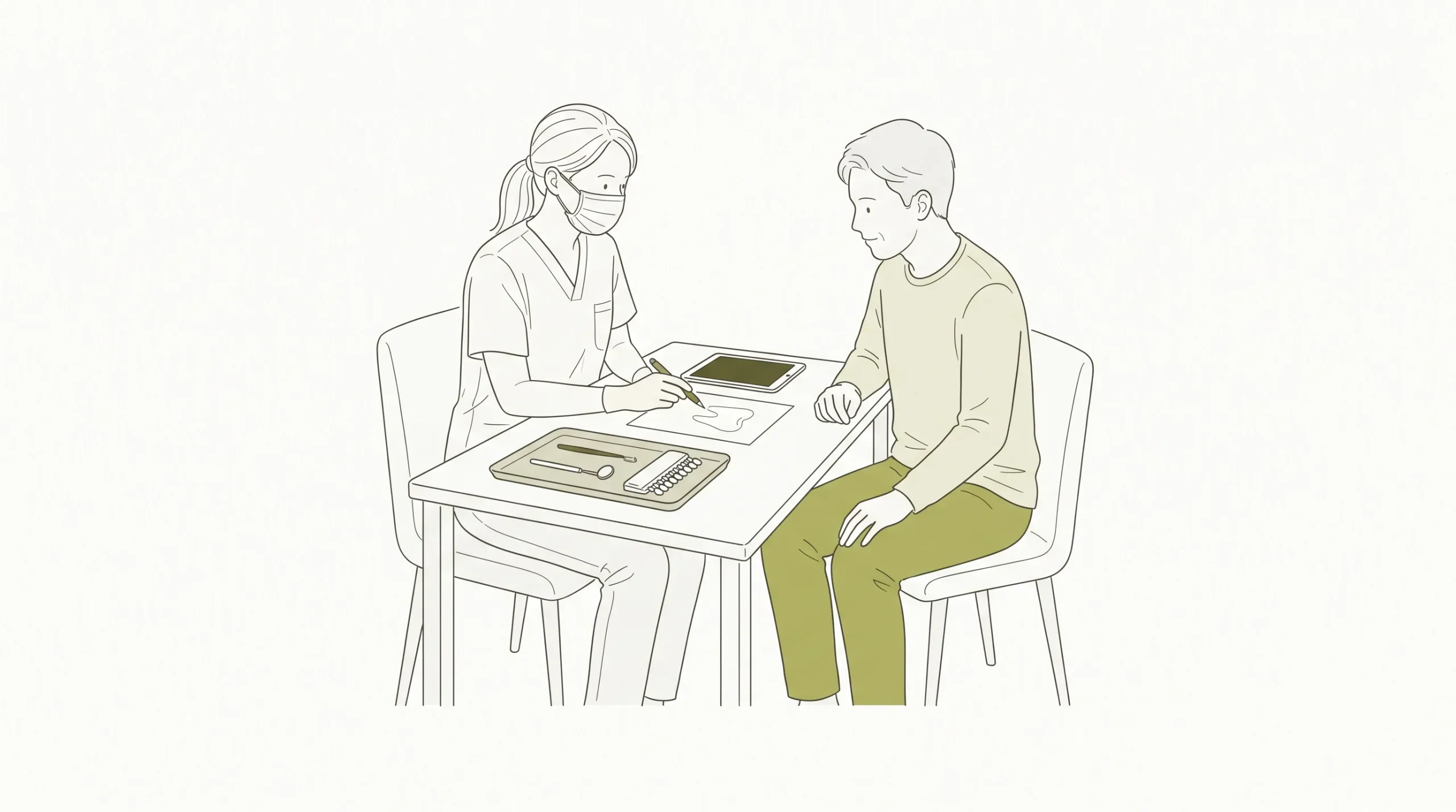 A dental professional in clinical attire speaks with an adult patient during general cosmetic dentistry planning, with a small tray holding a mirror and shade guide.