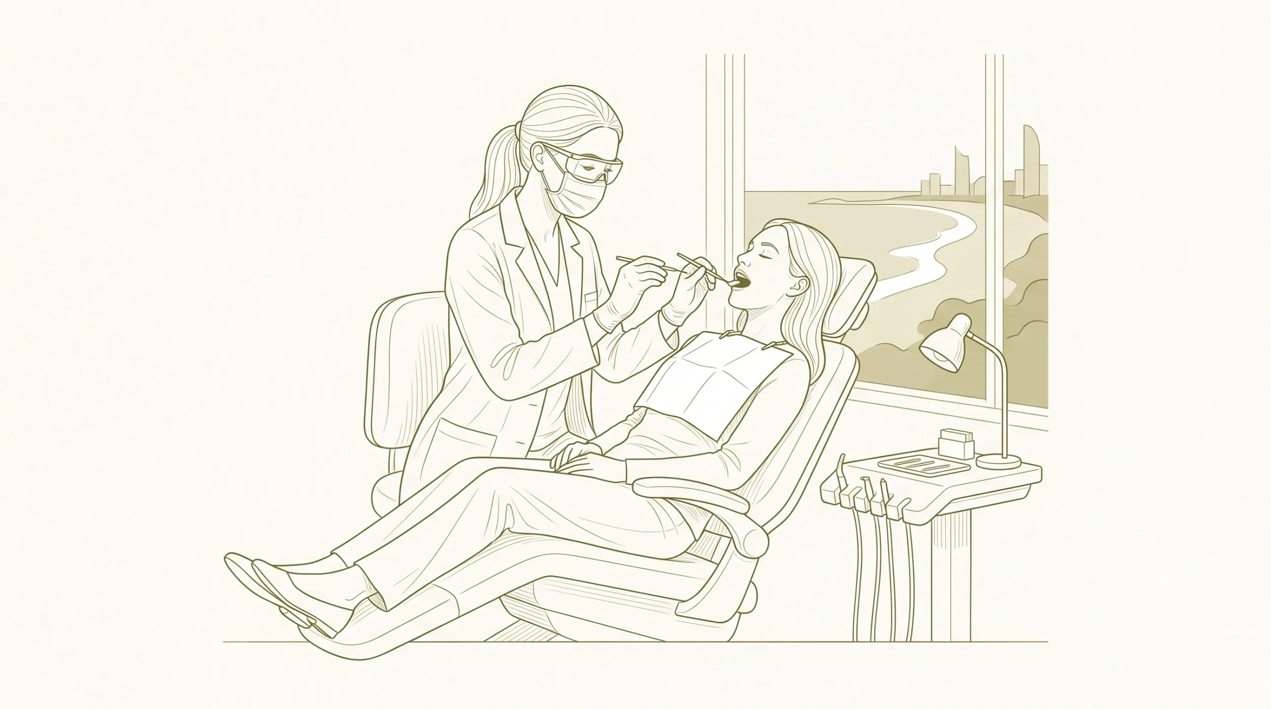 A dental professional in gloves, mask and protective eyewear examines a seated patient’s teeth before a Gold Coast whitening consultation.