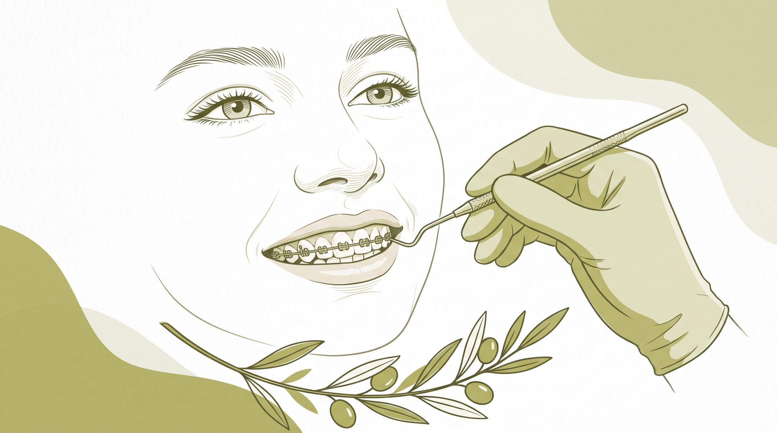 A dentist and adult patient discuss smile and braces goals across a consultation table with a clear aligner model and tooth inset.