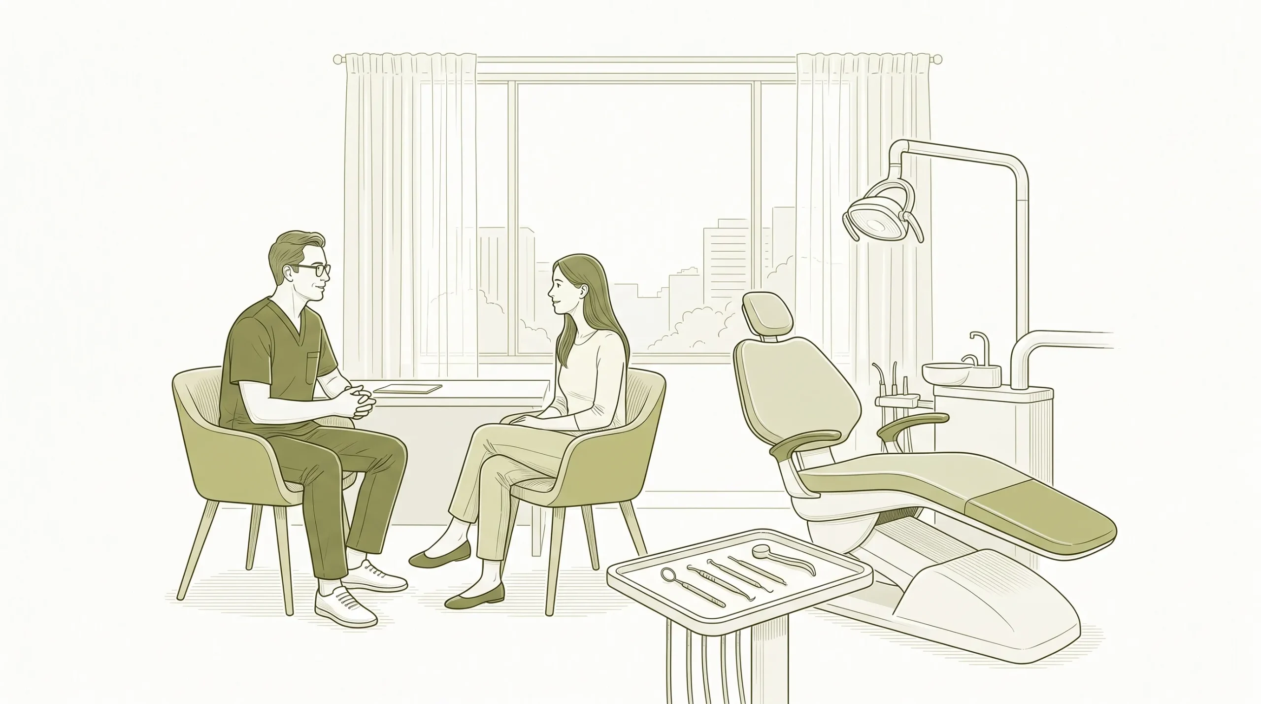 A dentist and adult patient speak calmly in a Robina consultation room with a dental chair and small instrument tray nearby.