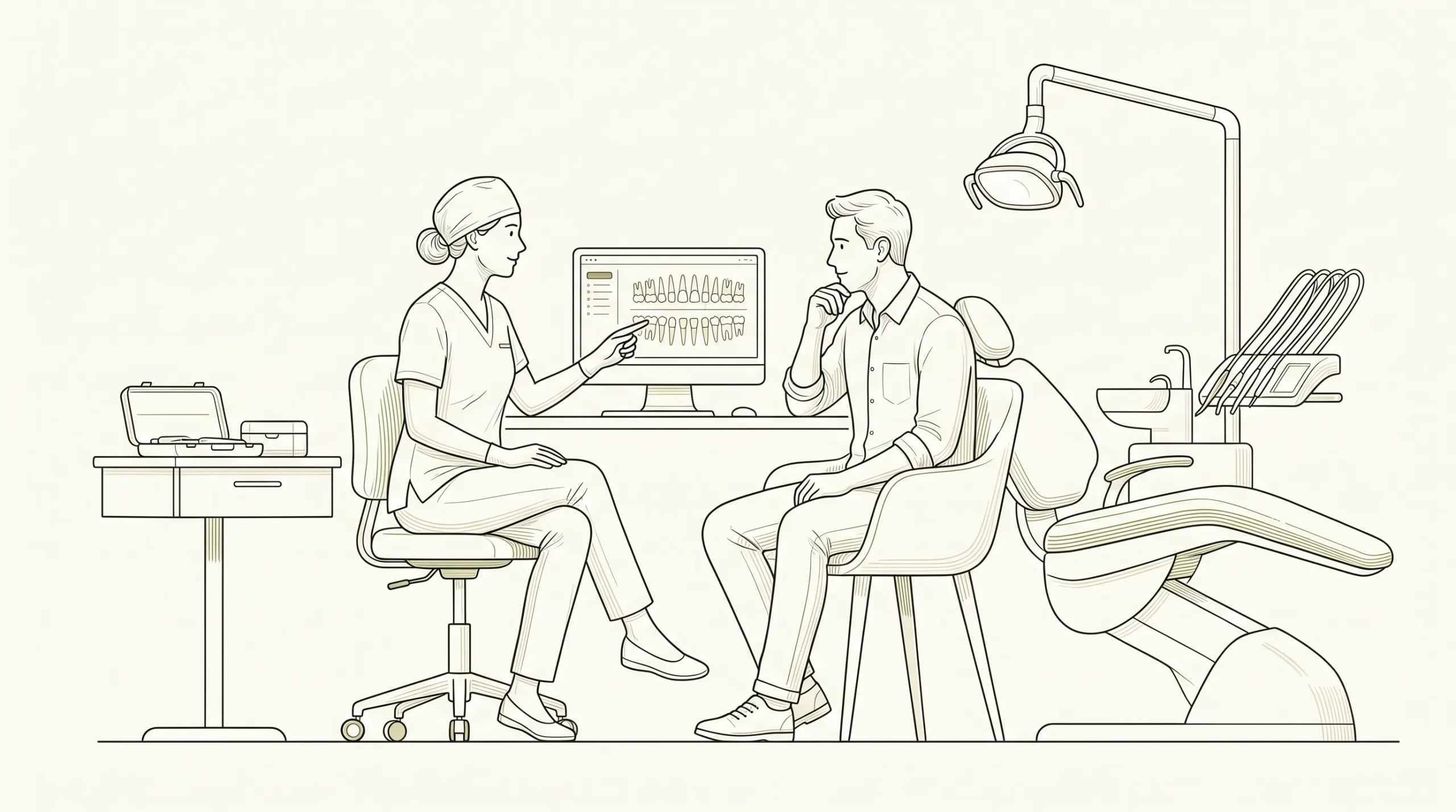 A dentist and adult patient talk in a Robina clinic about whether specialist dental care is needed.