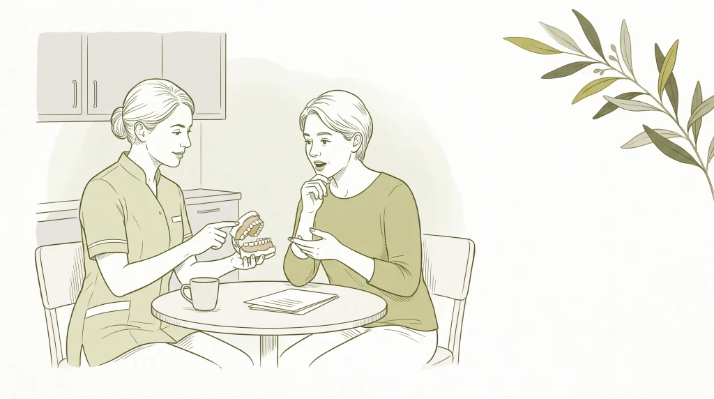 A dentist and patient talk in a clinic consultation about whether specialist dental care may be needed.