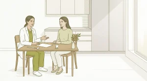 A dentist explains cosmetic dentistry rules to an adult patient in a quiet consultation room, with a tooth model and paper on the table.
