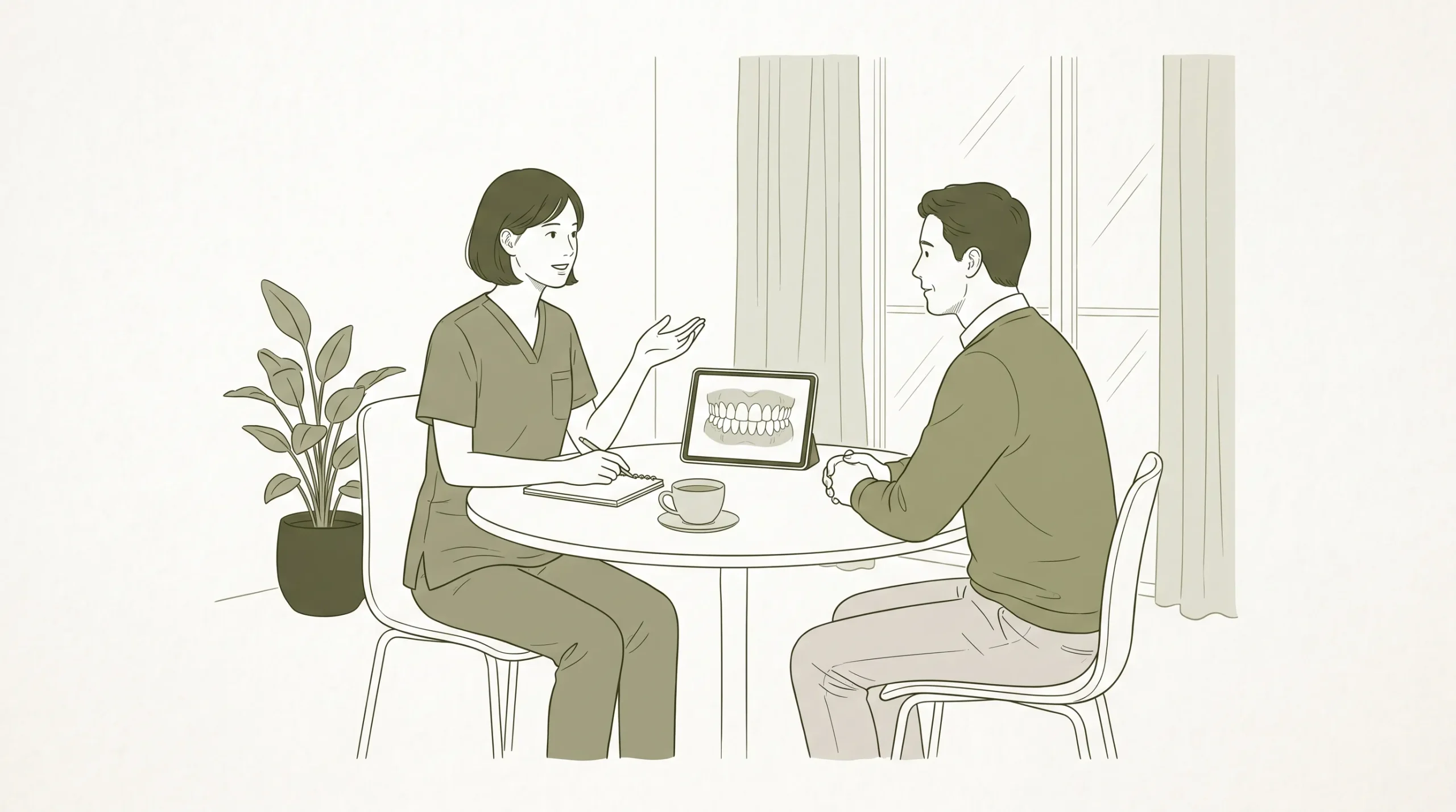 A dentist in clinical attire talks with an adult patient in a calm consultation room beside a small inset of healthy teeth and gums.