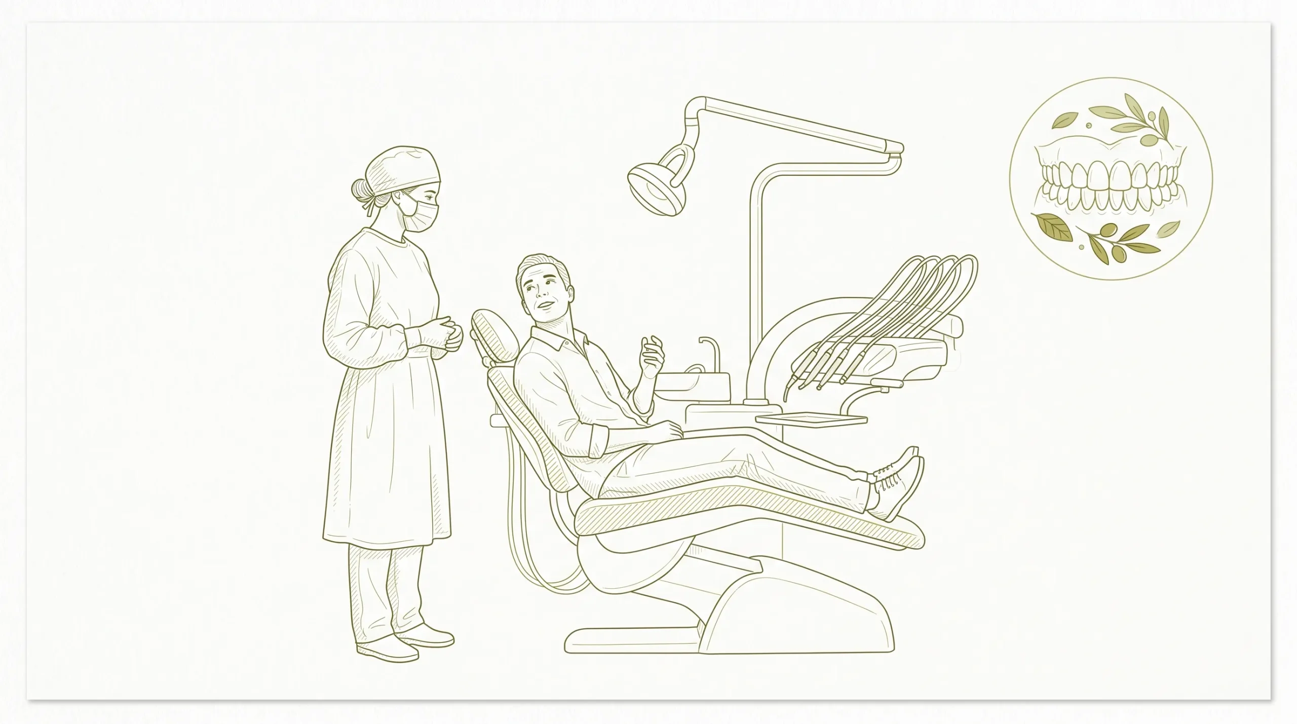 A dentist in clinical attire talks with an adult patient beside a dental chair, with a small circular inset of natural teeth and subtle olive accents.