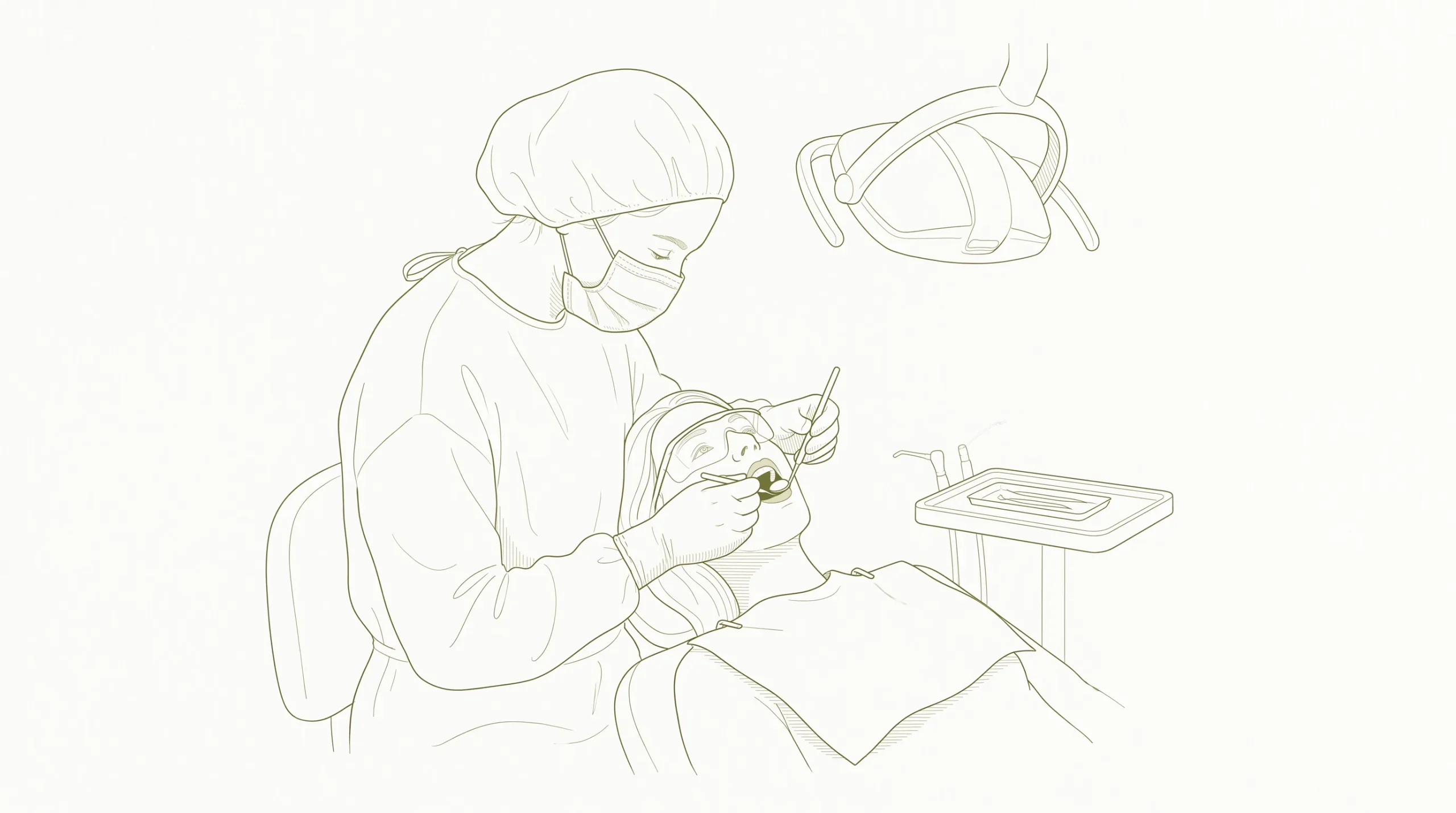 A dentist in PPE gently checks a patient's crown and tooth-coloured fillings during a cosmetic and dental consultation.
