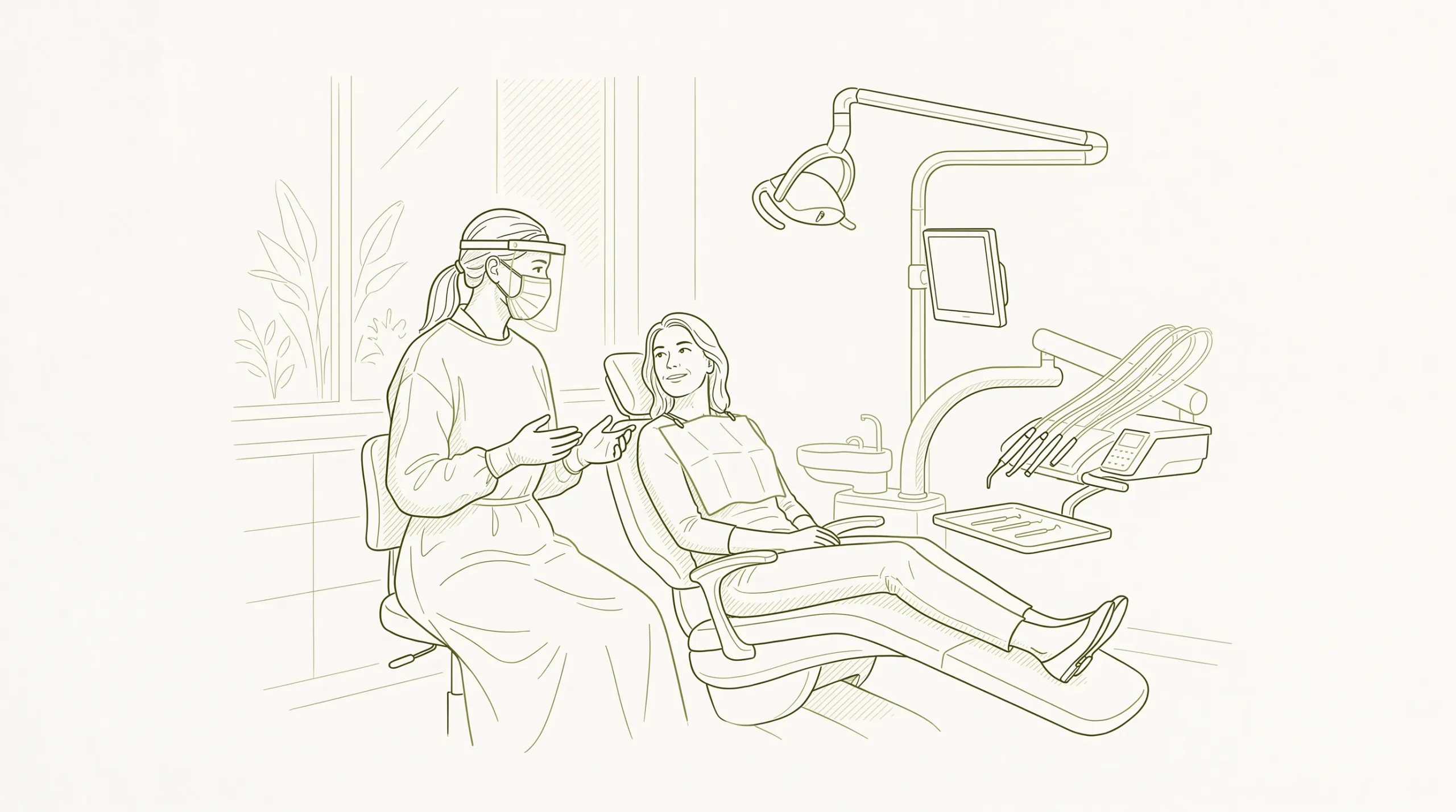 A dentist in PPE speaks with an adult patient in a comfortable treatment room, with a dental chair and instruments nearby.