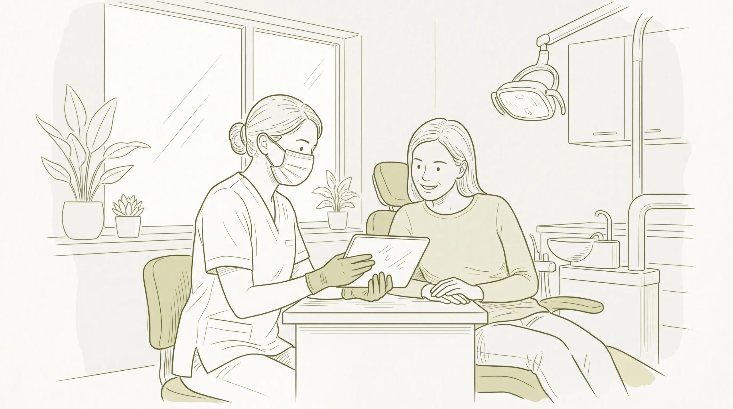 A dentist in proper clinical attire discusses a whitening plan with an adult patient in a calm dental room.
