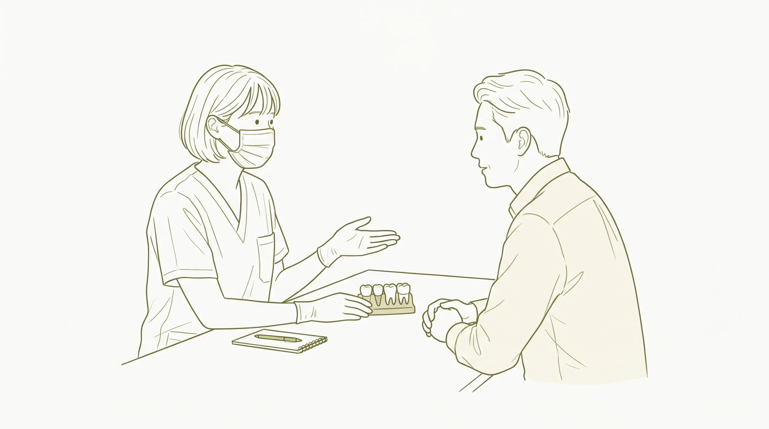 A dentist in proper clinical attire discusses cosmetic dentistry rules with an adult patient beside a small tooth model.